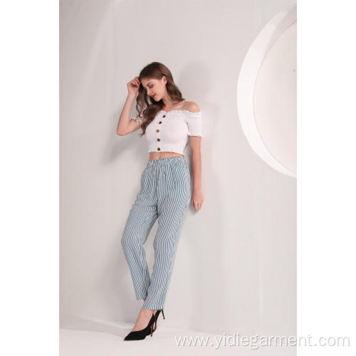 Wide Leg Pants Women's Blue and White Stripe Pants Factory